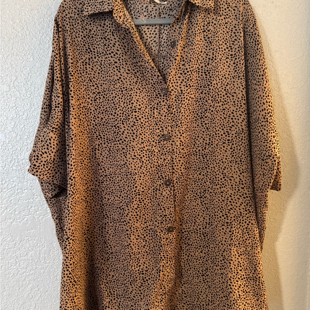 Brown and Black Polka Dot Button-Up Shirt